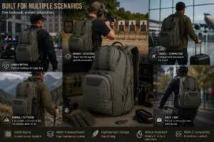 Lightweight tactical backpack used for urban patrol, shooting range, travel commuting, hiking, and daily EDC across multiple operational scenarios