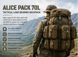 Alice Pack 70L tactical load bearing backpack military field deployment outdoor mission scene