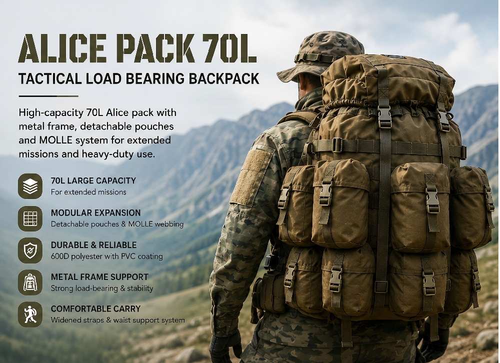 Alice Pack 70L tactical load bearing backpack military field deployment outdoor mission scene