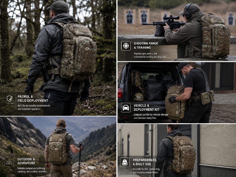 Tactical assault backpack use case reference for patrol shooting range vehicle deployment outdoor adventure and preparedness