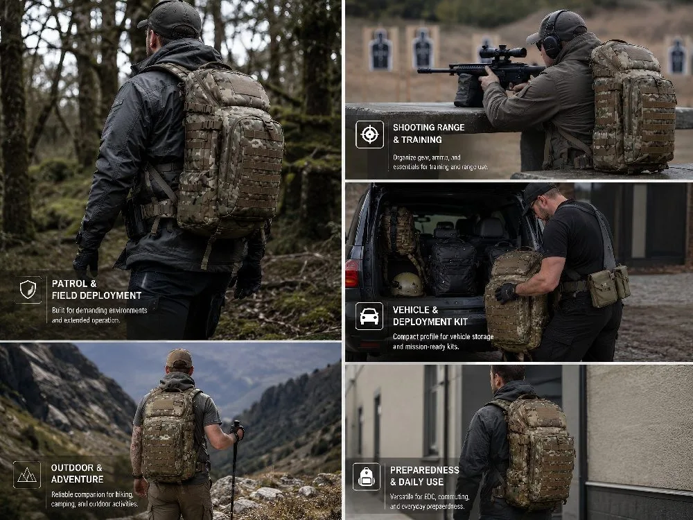 Tactical assault backpack use case reference for patrol shooting range vehicle deployment outdoor adventure and preparedness