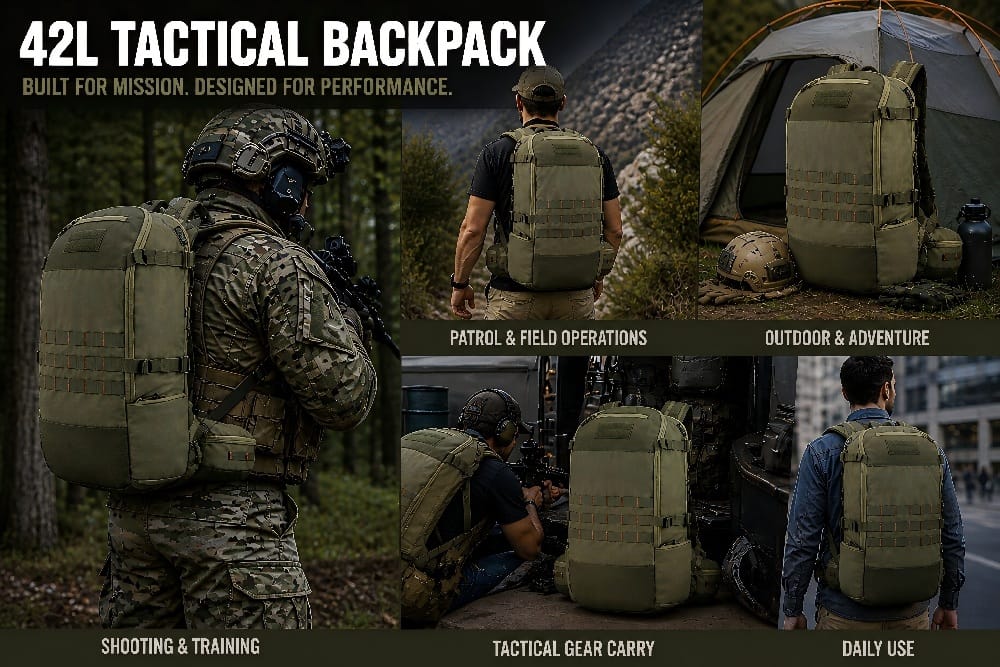 42L tactical field backpack used in patrol, outdoor, and tactical training scenarios