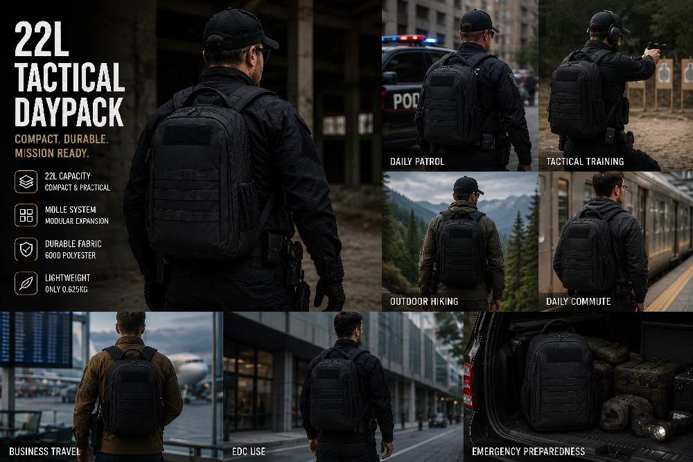 22L tactical daypack application scenarios for patrol, tactical training, urban commute, outdoor hiking, business travel, and emergency preparedness