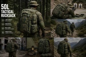 50L tactical rucksack used in field training, outdoor trekking, and tactical deployment scenarios