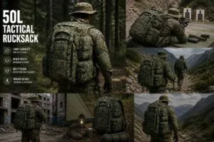 50L tactical rucksack used in field training, outdoor trekking, and tactical deployment scenarios