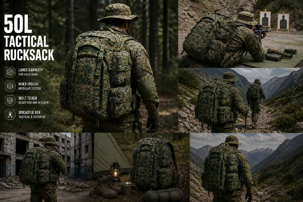 50L tactical rucksack used in field training, outdoor trekking, and tactical deployment scenarios