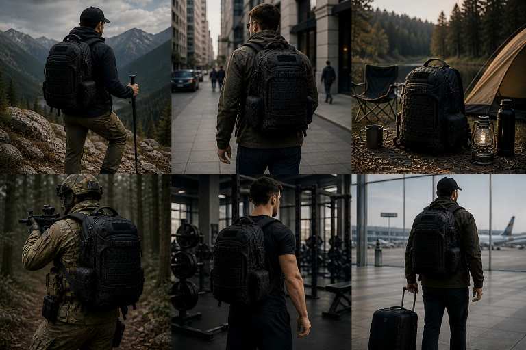 Black tactical backpack used across hiking, urban commuting, camping, tactical training, fitness, and airport travel scenarios