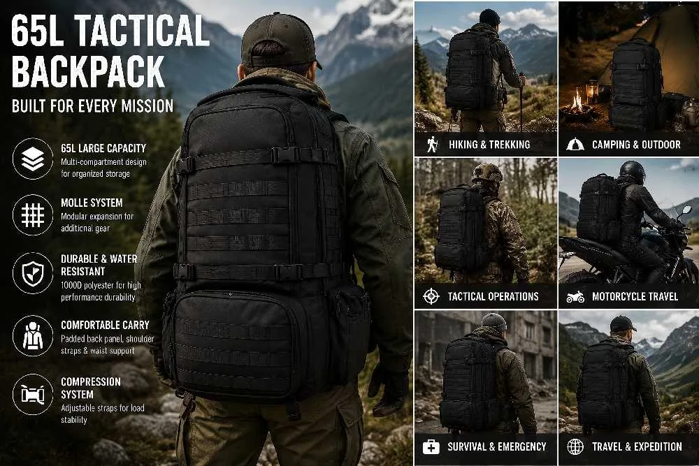 65L tactical backpack application scenarios hiking camping motorcycle travel tactical survival expedition