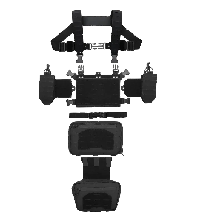 Exploded structure layout of tactical chest rig vest components and modular pouch system