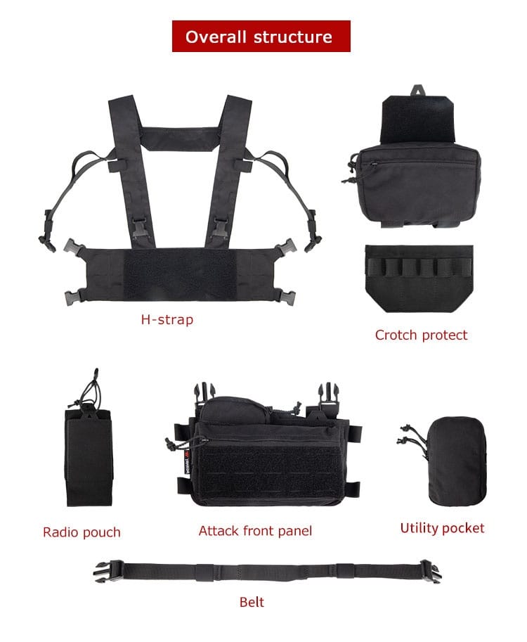 Modular tactical chest rig overall structure with H-harness, radio pouch, utility pouch, and detachable front panel