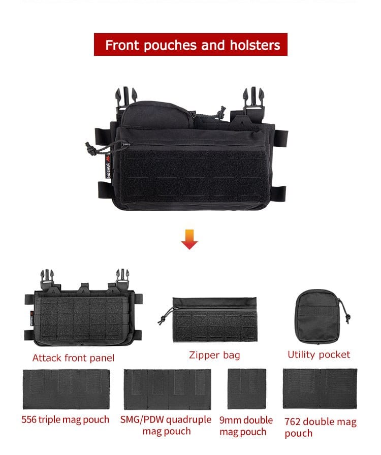 Tactical chest rig front pouch configuration with magazine inserts and modular utility storage