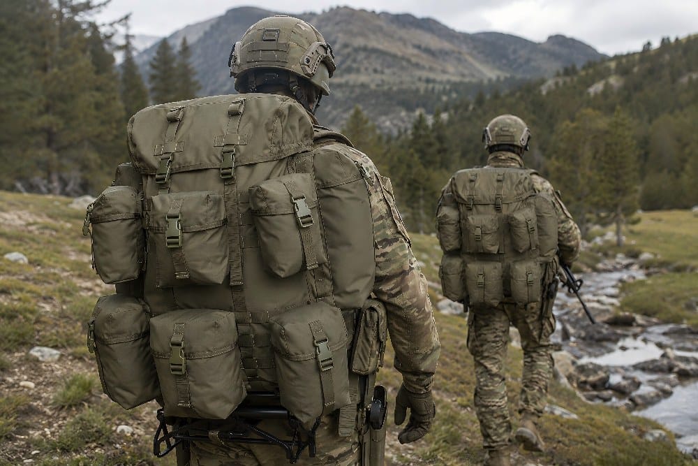 Military ALICE Pack Backpack Used During Extended Field Deployment In Mountain Terrain