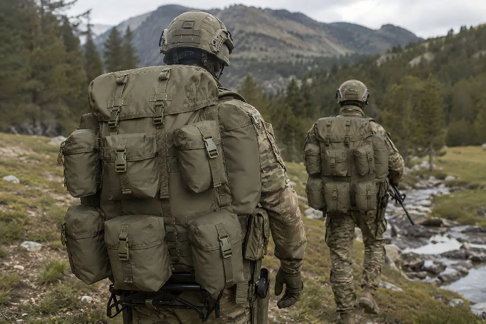 Military ALICE Pack Backpack Used During Extended Field Deployment In Mountain Terrain