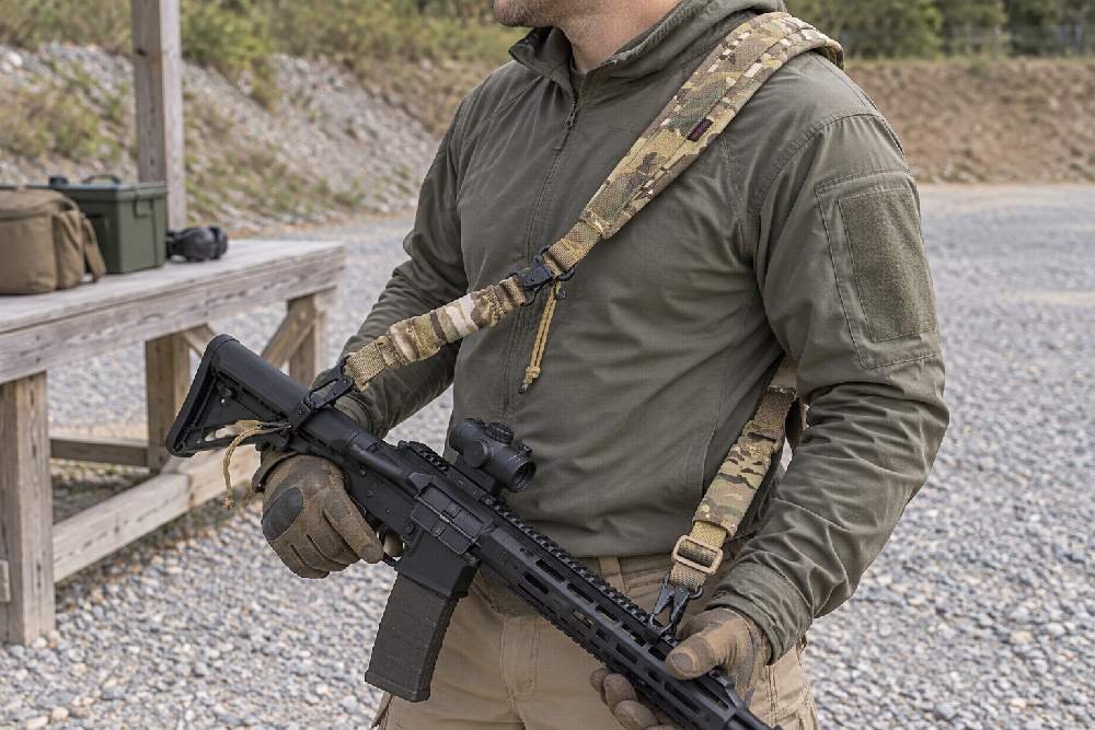SG-8051 CP Camouflage tactical rifle sling worn during outdoor range training